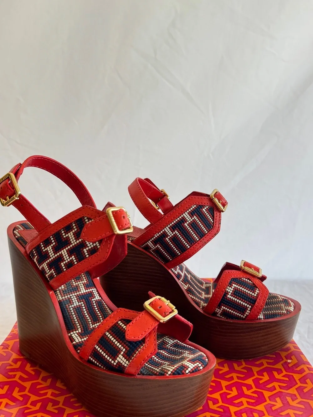 Tory Burch Red High Wedge Beaded Sandals with Gold Buckles